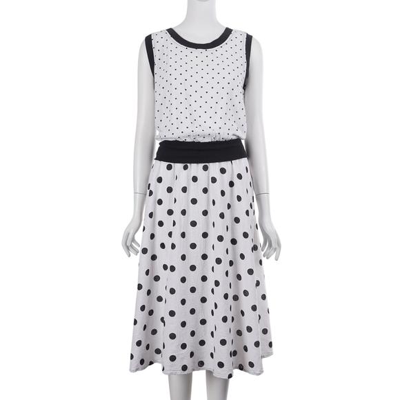 L.A. DIRECTIONS Vintage Midi Dress M White Black Polka Dot Sleeveless 80s 90s - Picture 1 of 10